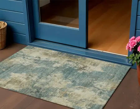 3' X 5' Teal Blue And Beige Abstract Washable Indoor Outdoor Area Rug