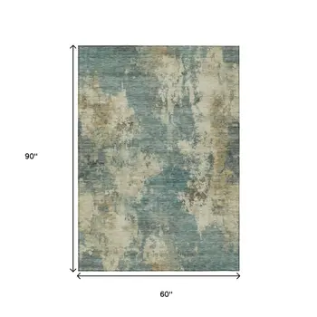 5' X 8' Teal Blue And Beige Abstract Washable Indoor Outdoor Area Rug