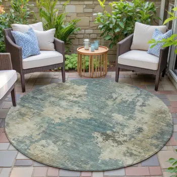 8' Teal Blue And Beige Round Abstract Washable Indoor Outdoor Area Rug