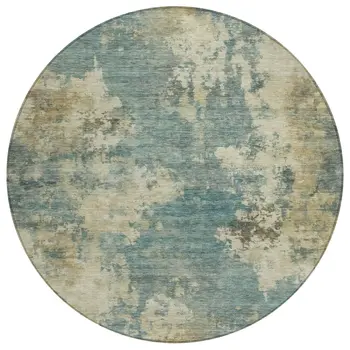 8' Teal Blue And Beige Round Abstract Washable Indoor Outdoor Area Rug
