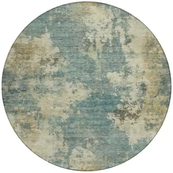 8' Teal Blue And Beige Round Abstract Washable Indoor Outdoor Area Rug