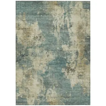8' X 10' Teal Blue And Beige Abstract Washable Indoor Outdoor Area Rug