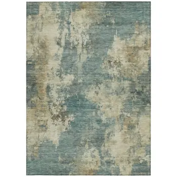 9' X 12' Teal Blue And Beige Abstract Washable Indoor Outdoor Area Rug