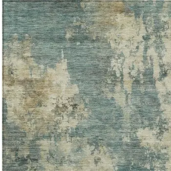 9' X 12' Teal Blue And Beige Abstract Washable Indoor Outdoor Area Rug