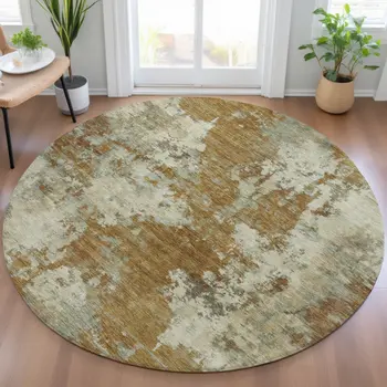 8' Terra Cotta And Beige Round Abstract Washable Indoor Outdoor Area Rug