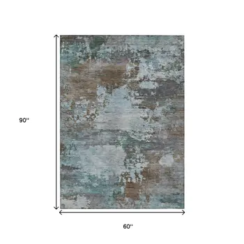 5' X 8' Brown And Blue Abstract Washable Indoor Outdoor Area Rug