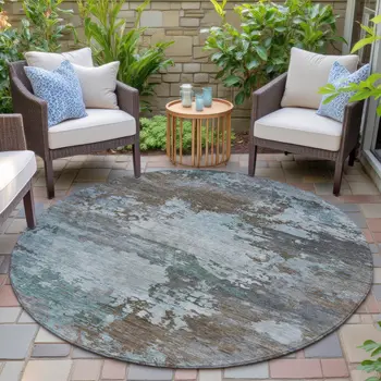 8' Brown And Blue Round Abstract Washable Indoor Outdoor Area Rug