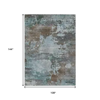 9' X 12' Brown And Blue Abstract Washable Indoor Outdoor Area Rug