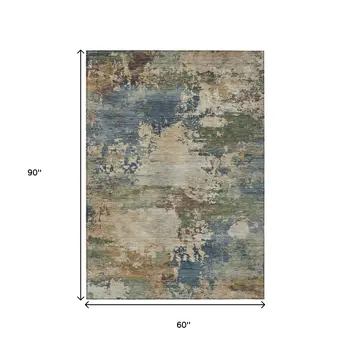 5' X 8' Blue Green And Beige Abstract Washable Indoor Outdoor Area Rug