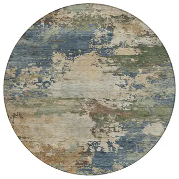 8' Blue Green And Beige Round Abstract Washable Indoor Outdoor Area Rug