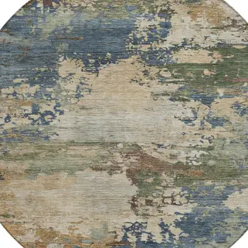 8' Blue Green And Beige Round Abstract Washable Indoor Outdoor Area Rug