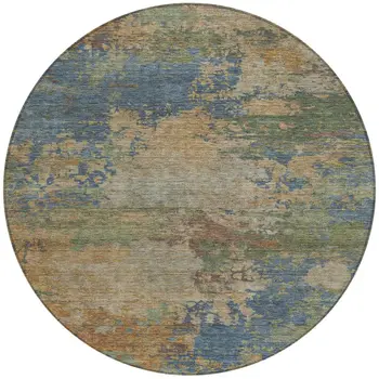 8' Denim Blue Beige And Copper Round Abstract Washable Indoor Outdoor Area Rug