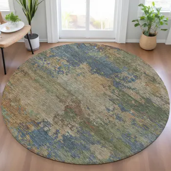 8' Denim Blue Beige And Copper Round Abstract Washable Indoor Outdoor Area Rug