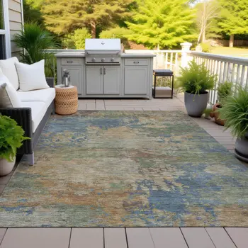 10' X 14' Denim Blue Beige And Copper Abstract Washable Indoor Outdoor Area Rug