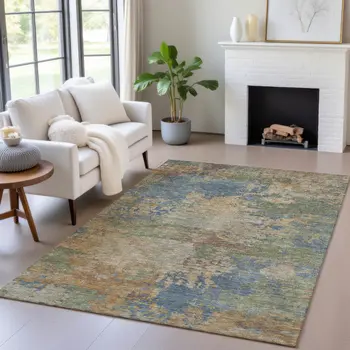 10' X 14' Denim Blue Beige And Copper Abstract Washable Indoor Outdoor Area Rug
