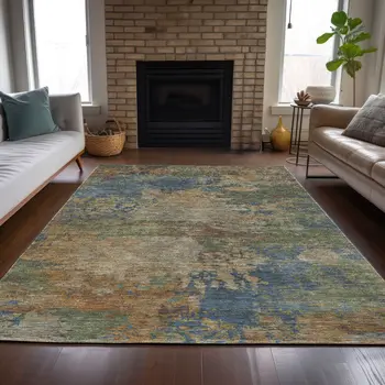 10' X 14' Denim Blue Beige And Copper Abstract Washable Indoor Outdoor Area Rug