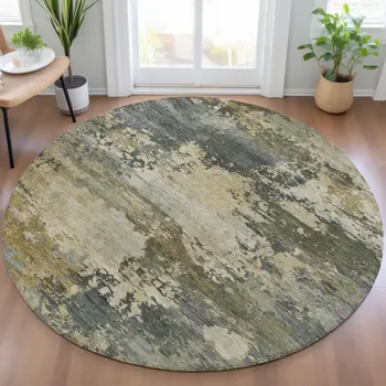 8' Gray Beige And Khaki Round Abstract Washable Indoor Outdoor Area Rug