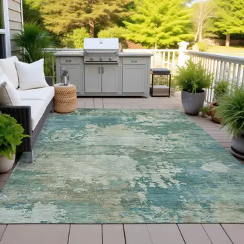 5' X 8' Teal Blue Beige And Denim Blue Abstract Washable Indoor Outdoor Area Rug