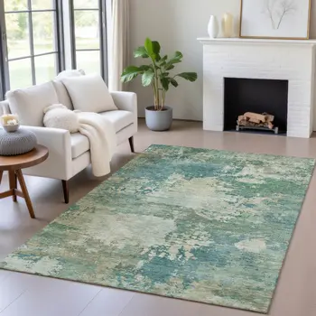 5' X 8' Teal Blue Beige And Denim Blue Abstract Washable Indoor Outdoor Area Rug