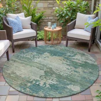 8' Teal Blue Beige And Denim Blue Round Abstract Washable Indoor Outdoor Area Rug
