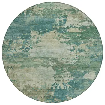 8' Teal Blue Beige And Denim Blue Round Abstract Washable Indoor Outdoor Area Rug