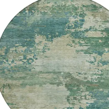 8' Teal Blue Beige And Denim Blue Round Abstract Washable Indoor Outdoor Area Rug
