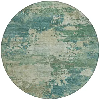8' Teal Blue Beige And Denim Blue Round Abstract Washable Indoor Outdoor Area Rug