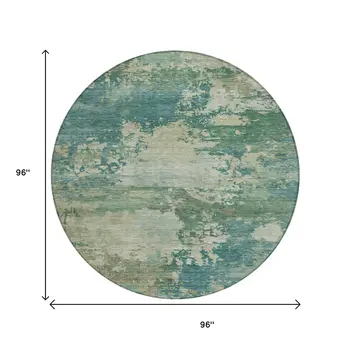 8' Teal Blue Beige And Denim Blue Round Abstract Washable Indoor Outdoor Area Rug