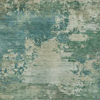 8' X 10' Teal Blue Beige And Denim Blue Abstract Washable Indoor Outdoor Area Rug