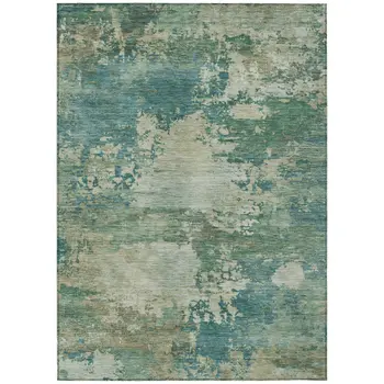 8' X 10' Teal Blue Beige And Denim Blue Abstract Washable Indoor Outdoor Area Rug
