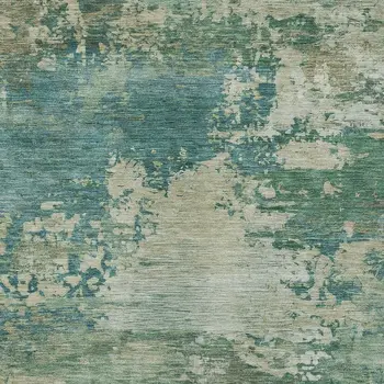 9' X 12' Teal Blue Beige And Denim Blue Abstract Washable Indoor Outdoor Area Rug