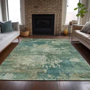 9' X 12' Teal Blue Beige And Denim Blue Abstract Washable Indoor Outdoor Area Rug