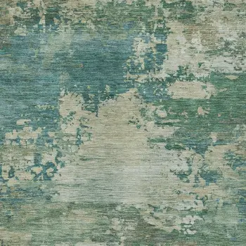 10' X 14' Teal Blue Beige And Denim Blue Abstract Washable Indoor Outdoor Area Rug