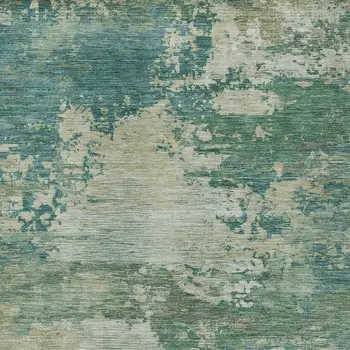 10' X 14' Teal Blue Beige And Denim Blue Abstract Washable Indoor Outdoor Area Rug