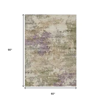 5' X 8' Beige Green And Purple Abstract Washable Indoor Outdoor Area Rug