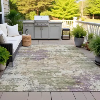 5' X 8' Beige Green And Purple Abstract Washable Indoor Outdoor Area Rug