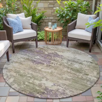 8' Beige Green And Purple Round Abstract Washable Indoor Outdoor Area Rug