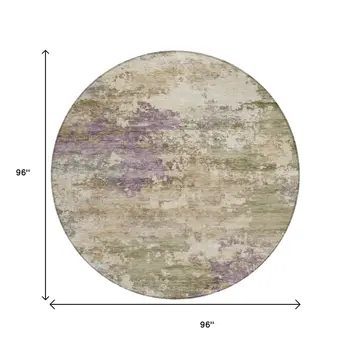 8' Beige Green And Purple Round Abstract Washable Indoor Outdoor Area Rug