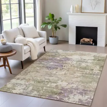 10' X 14' Beige Green And Purple Abstract Washable Indoor Outdoor Area Rug