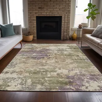 10' X 14' Beige Green And Purple Abstract Washable Indoor Outdoor Area Rug