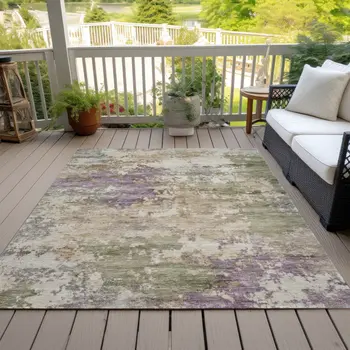 10' X 14' Beige Green And Purple Abstract Washable Indoor Outdoor Area Rug