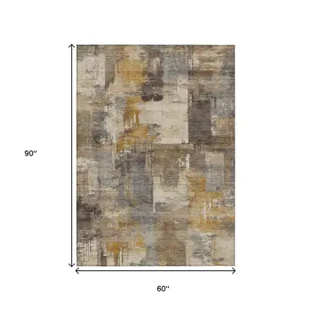 5' X 8' Brown Beige And Charcoal Abstract Washable Indoor Outdoor Area Rug