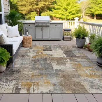 5' X 8' Brown Beige And Charcoal Abstract Washable Indoor Outdoor Area Rug