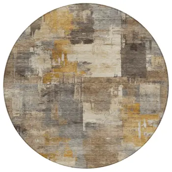 8' Brown Beige And Charcoal Round Abstract Washable Indoor Outdoor Area Rug
