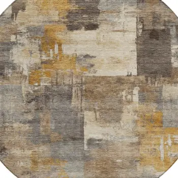 8' Brown Beige And Charcoal Round Abstract Washable Indoor Outdoor Area Rug
