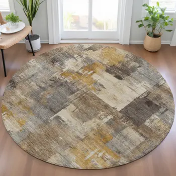 8' Brown Beige And Charcoal Round Abstract Washable Indoor Outdoor Area Rug