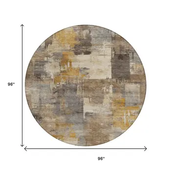 8' Brown Beige And Charcoal Round Abstract Washable Indoor Outdoor Area Rug
