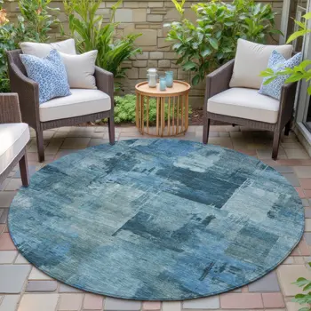 8' Blue And Ivory Round Abstract Washable Indoor Outdoor Area Rug
