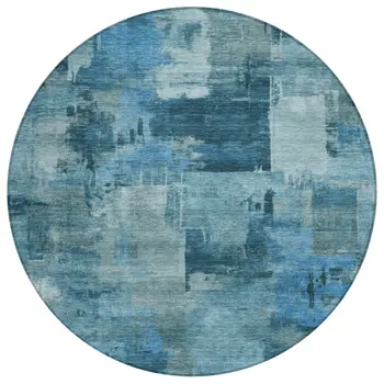 8' Blue And Ivory Round Abstract Washable Indoor Outdoor Area Rug