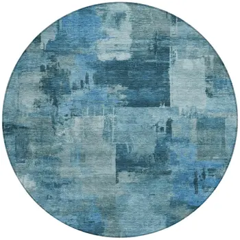 8' Blue And Ivory Round Abstract Washable Indoor Outdoor Area Rug